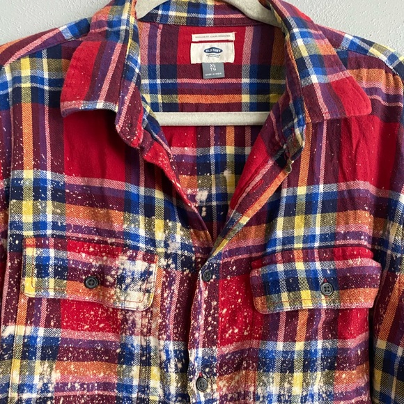 Old Navy Button Down Mens Size XL Plaid Red Bleached Long Sleeve Custom Unique - Picture 2 of 8